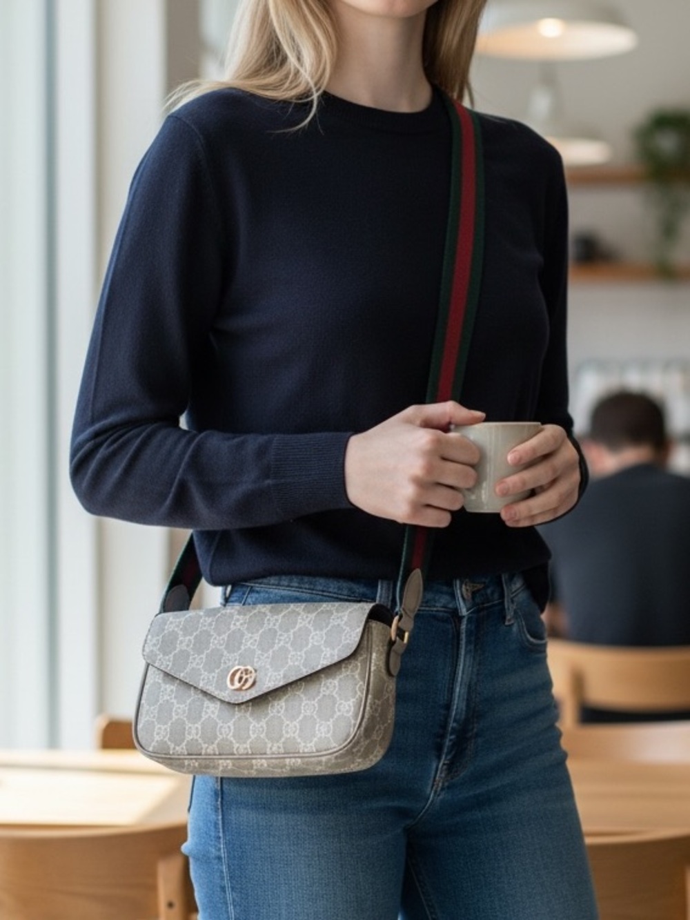 Gucci Beige Monogram Crossbody Bag with Green-Red Strap